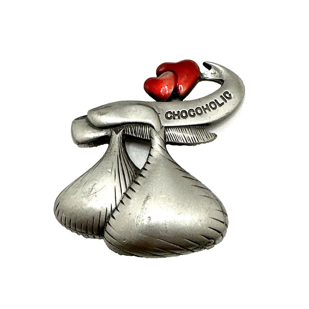 Vintage Spoontiques Chocoholic Candy Kiss Brooch #5767 Red Enamel Pewter Pin 2"